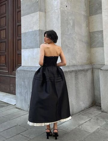 Black A Line Strapless Satin Prom Dress Evening Homecoming Dress with Bow HZ1023